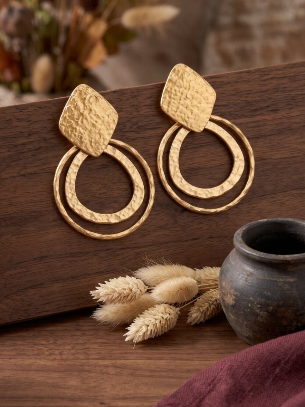 Hammered Brass Double Hoop Boho Chic Artisan Statement Drop Stud Earrings 2.3"